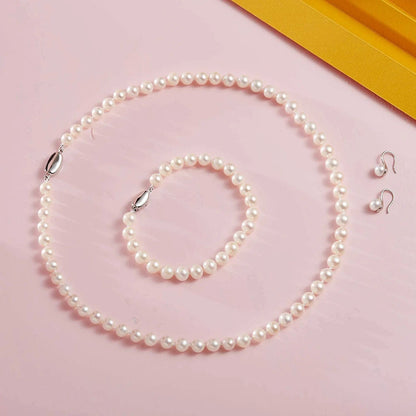 Freshwater Pearl Strand Necklace Set Include Bracelet and Dangle Earrings in Leather Gift Box for Women