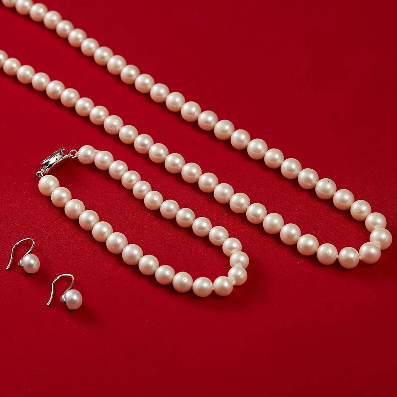 Freshwater Pearl Strand Necklace Set Include Bracelet and Dangle Earrings in Leather Gift Box for Women