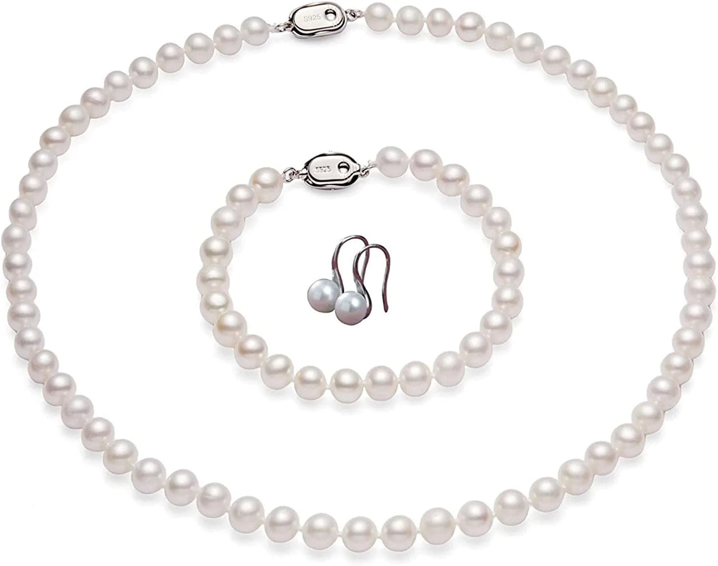 Freshwater Pearl Strand Necklace Set Include Bracelet and Dangle Earrings in Leather Gift Box for Women 9.0-10.0mm