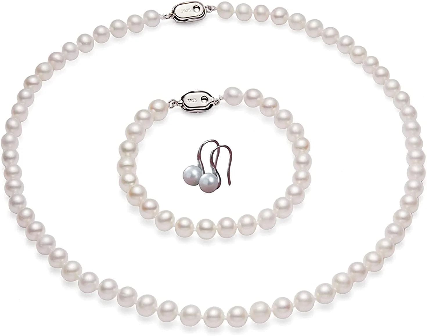 Freshwater Pearl Strand Necklace Set Include Bracelet and Dangle Earrings in Leather Gift Box for Women 9.0-10.0mm