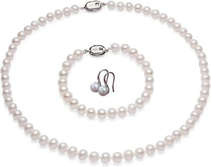 Freshwater Pearl Strand Necklace Set Include Bracelet and Dangle Earrings in Leather Gift Box for Women 9.0-10.0mm