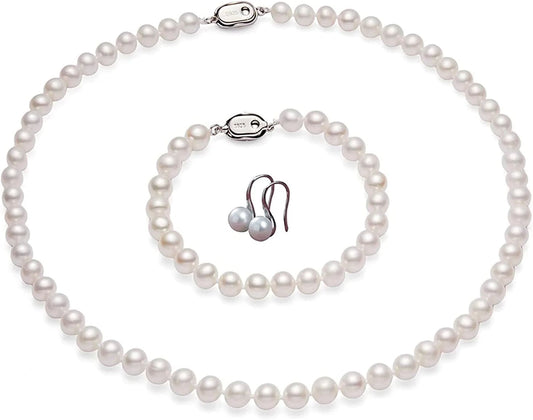 Freshwater Pearl Strand Necklace Set Include Bracelet and Dangle Earrings in Leather Gift Box for Women 9.0-10.0mm