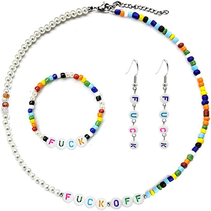 Fuck off Pendant Necklace Middle Finger Ear Stud Jewelry Set Beaded style Set