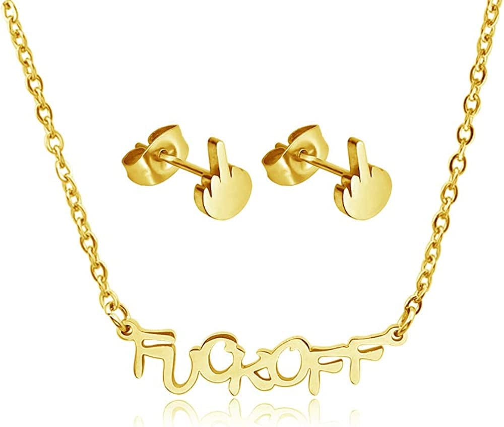 Fuck off Pendant Necklace Middle Finger Ear Stud Jewelry Set Gold Stainless steel Necklace + Earrings