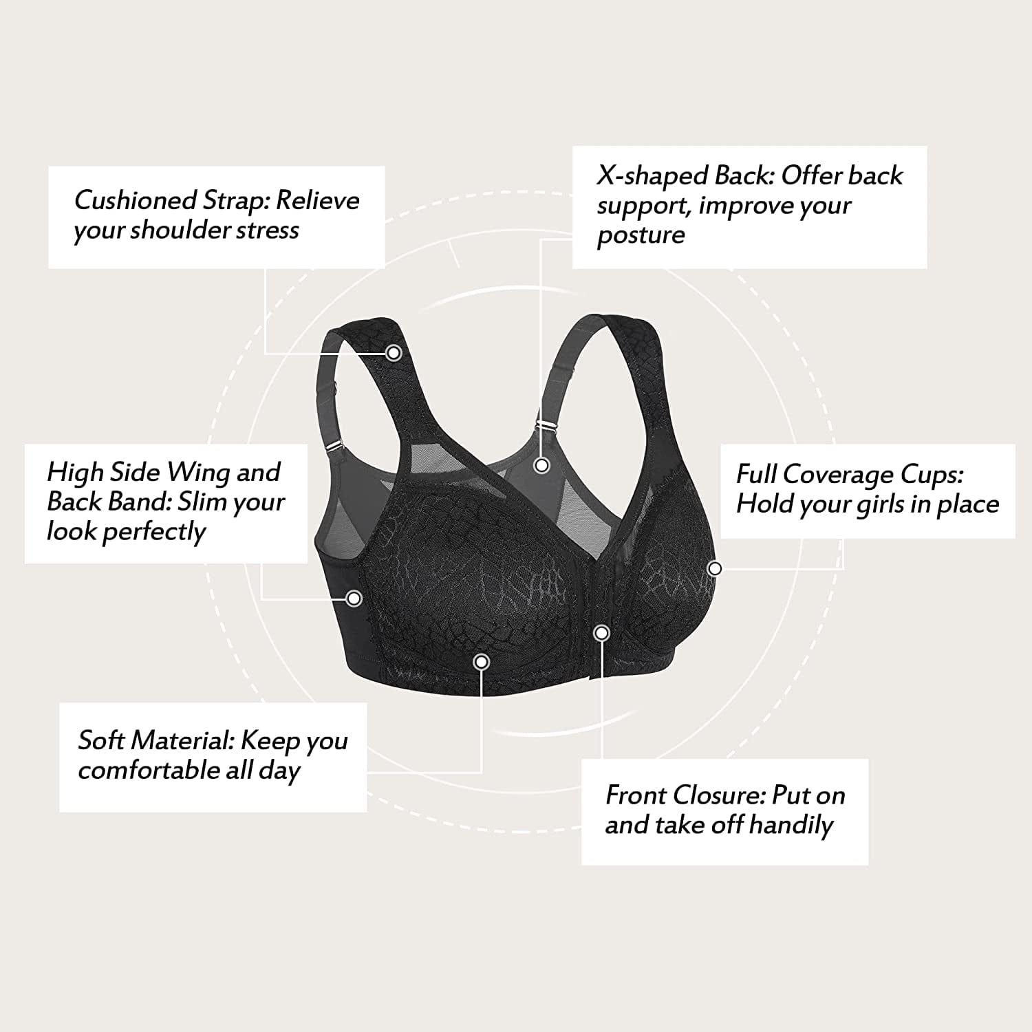 Full Coverage Back Support Eveyday Bra Wireless Comfy(Black,38C)