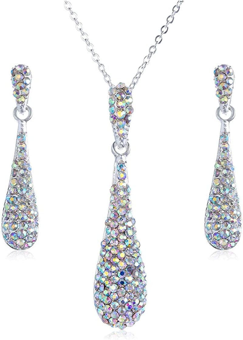 Full Crystal Rhinestone Gem Tear Drop Pendant Necklace Earrings Jewelry Sets Style02
