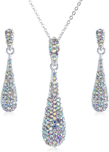 Full Crystal Rhinestone Gem Tear Drop Pendant Necklace Earrings Jewelry Sets Style02