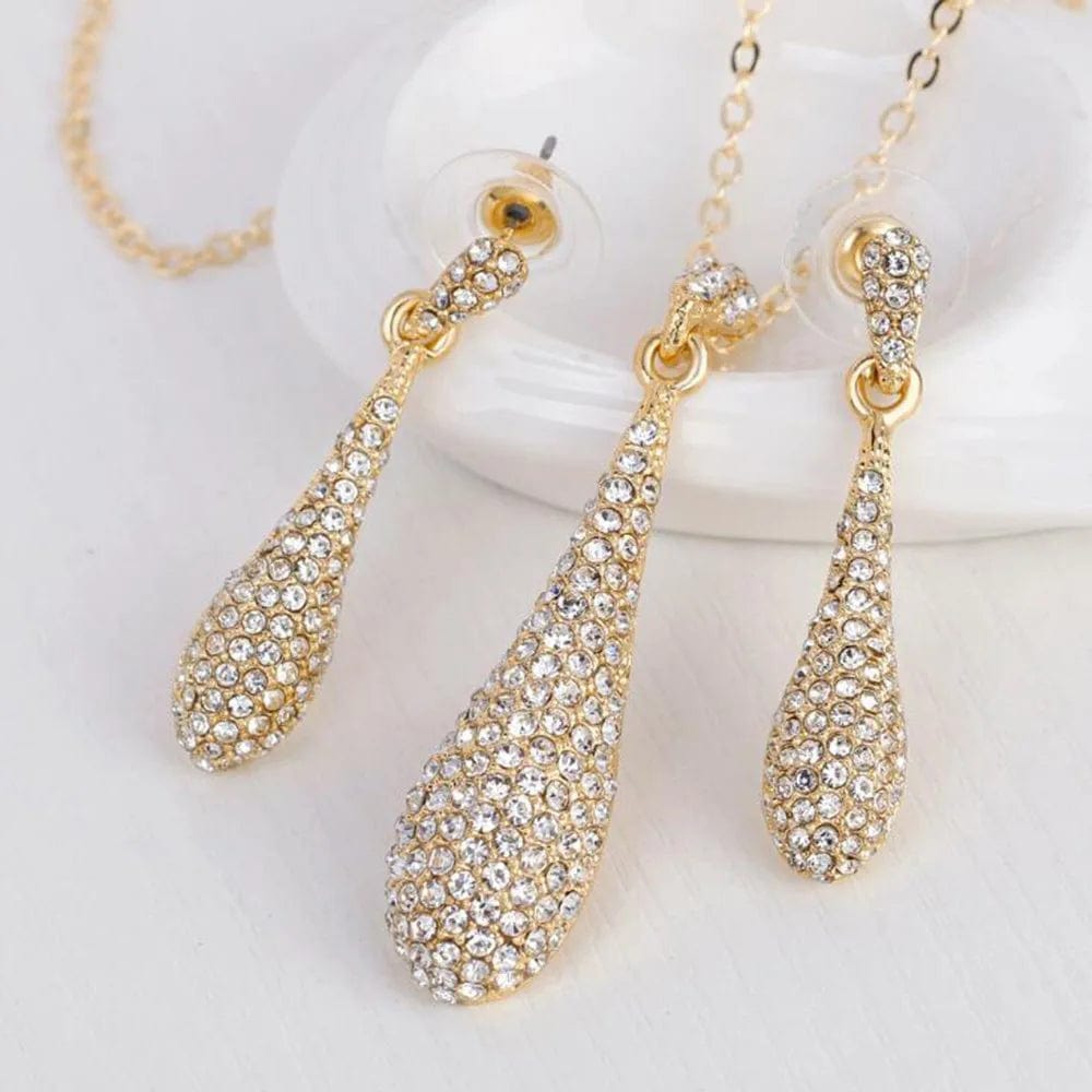Full Crystal Rhinestone Gem Tear Drop Pendant Necklace Earrings Jewelry Sets