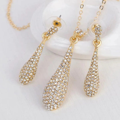 Full Crystal Rhinestone Gem Tear Drop Pendant Necklace Earrings Jewelry Sets