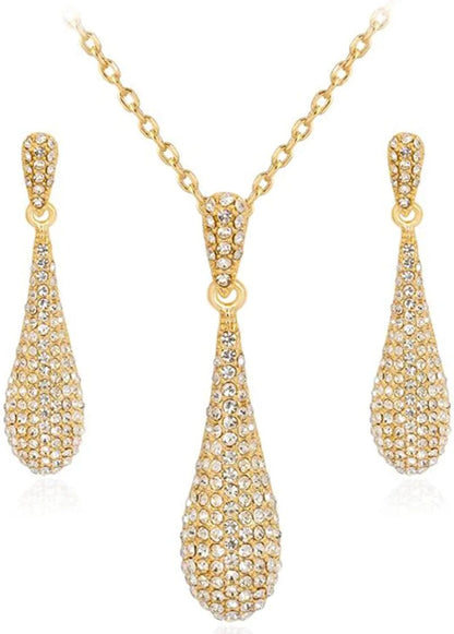 Full Crystal Rhinestone Gem Tear Drop Pendant Necklace Earrings Jewelry Sets Style01