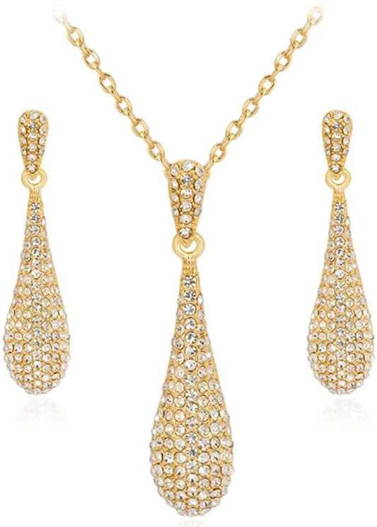 Full Crystal Rhinestone Gem Tear Drop Pendant Necklace Earrings Jewelry Sets Style01