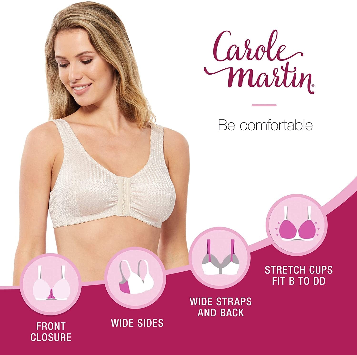 Full-Freedom Comfort Front Closure Bra for Women, Wireless- 3 Pack White, Beige, Black