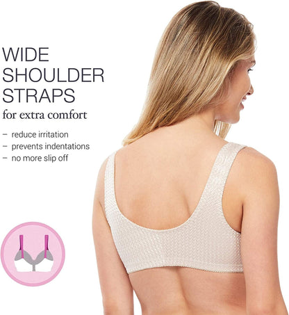Full-Freedom Comfort Front Closure Bra for Women, Wireless- 3 Pack White, Beige, Black