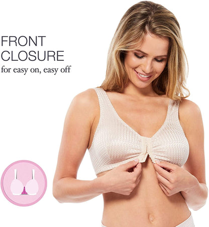 Full-Freedom Comfort Front Closure Bra for Women, Wireless- 3 Pack White, Beige, Black