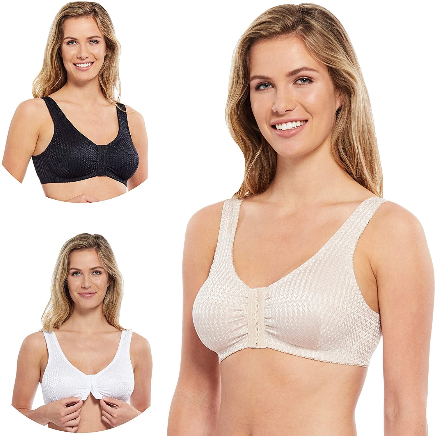 Full-Freedom Comfort Front Closure Bra for Women, Wireless- 3 Pack White, Beige, Black Multicoloured / 42