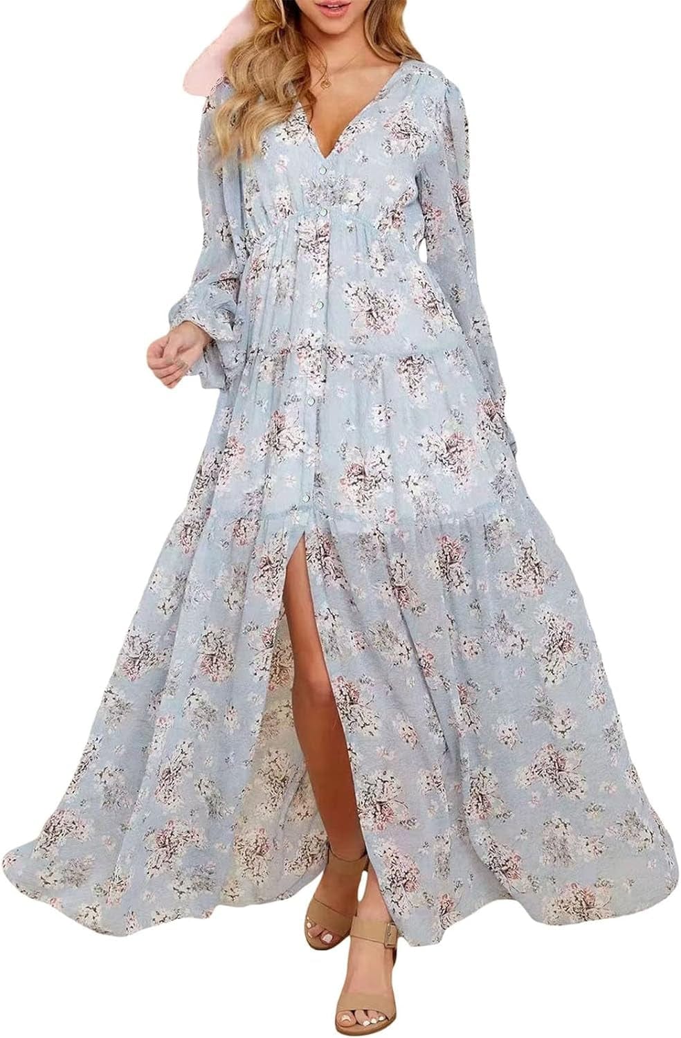 Fumilery Women'S Long Dress Fall Ruffled Long Sleeve V Neck Slit Floral A-Line Maxi Dress Flowy Beach Club Partywear Blue / Medium