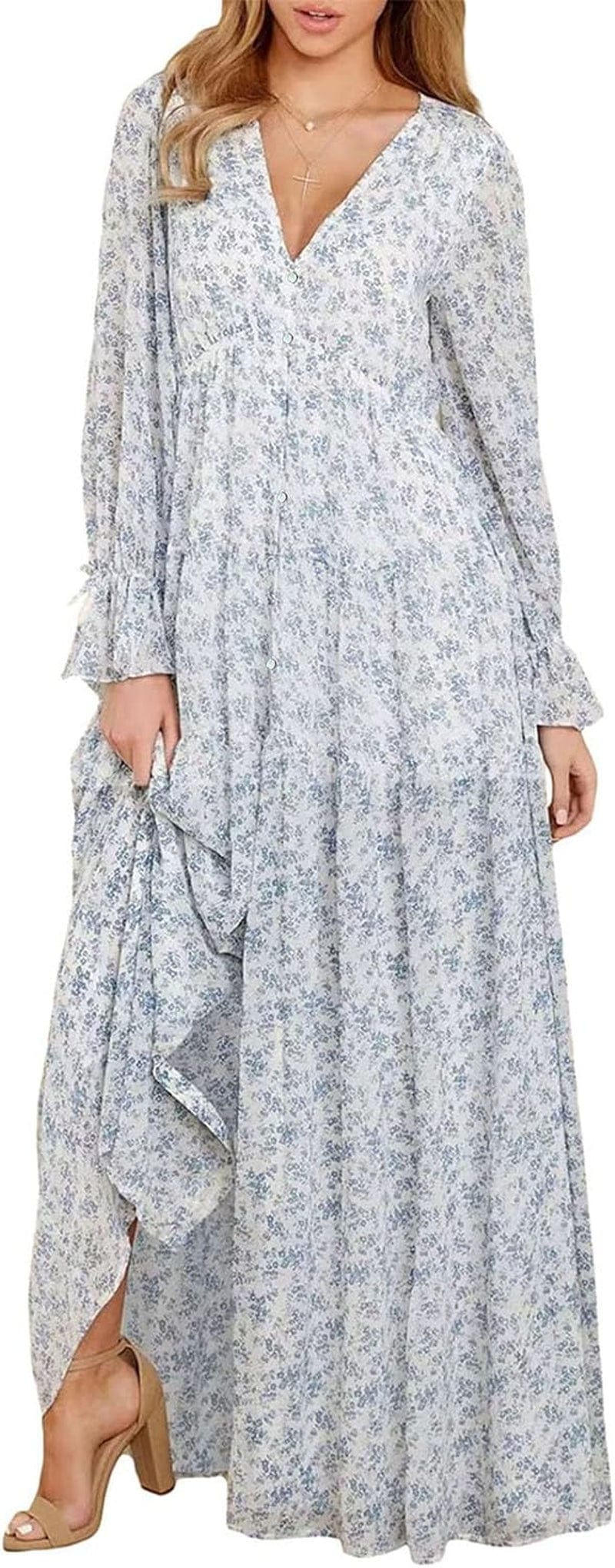 Fumilery Women'S Long Dress Fall Ruffled Long Sleeve V Neck Slit Floral A-Line Maxi Dress Flowy Beach Club Partywear Beige / Small
