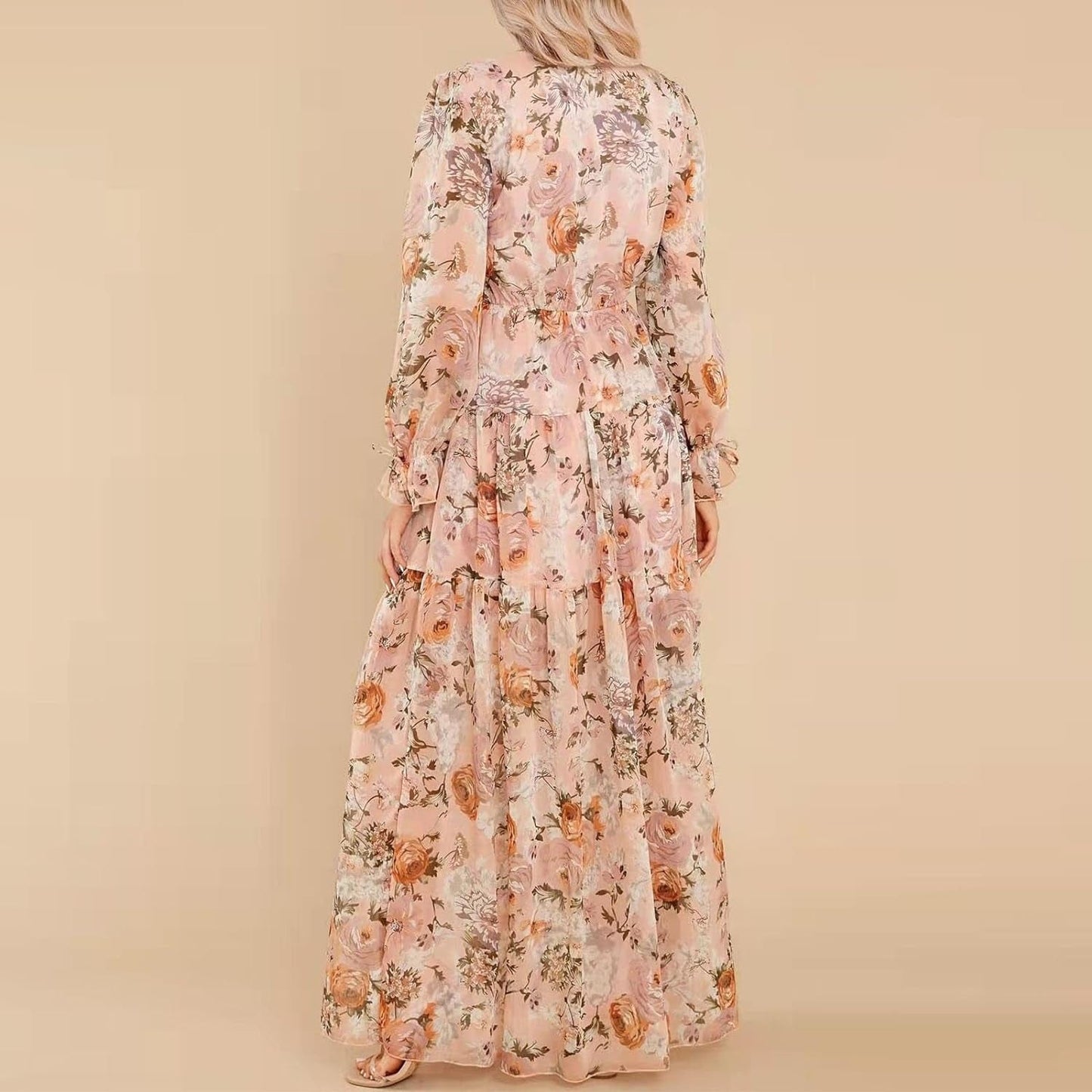Fumilery Women'S Long Dress Fall Ruffled Long Sleeve V Neck Slit Floral A-Line Maxi Dress Flowy Beach Club Partywear
