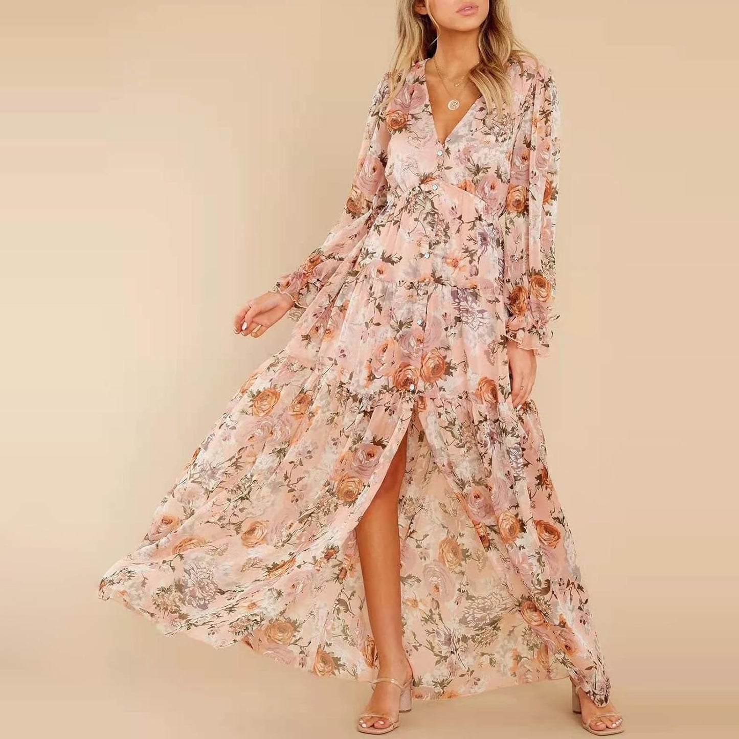 Fumilery Women'S Long Dress Fall Ruffled Long Sleeve V Neck Slit Floral A-Line Maxi Dress Flowy Beach Club Partywear