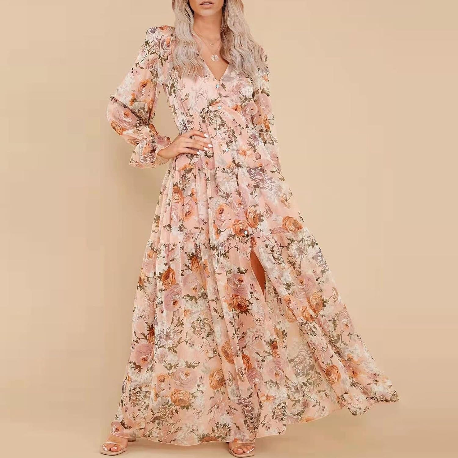 Fumilery Women'S Long Dress Fall Ruffled Long Sleeve V Neck Slit Floral A-Line Maxi Dress Flowy Beach Club Partywear