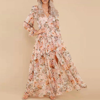 Fumilery Women'S Long Dress Fall Ruffled Long Sleeve V Neck Slit Floral A-Line Maxi Dress Flowy Beach Club Partywear