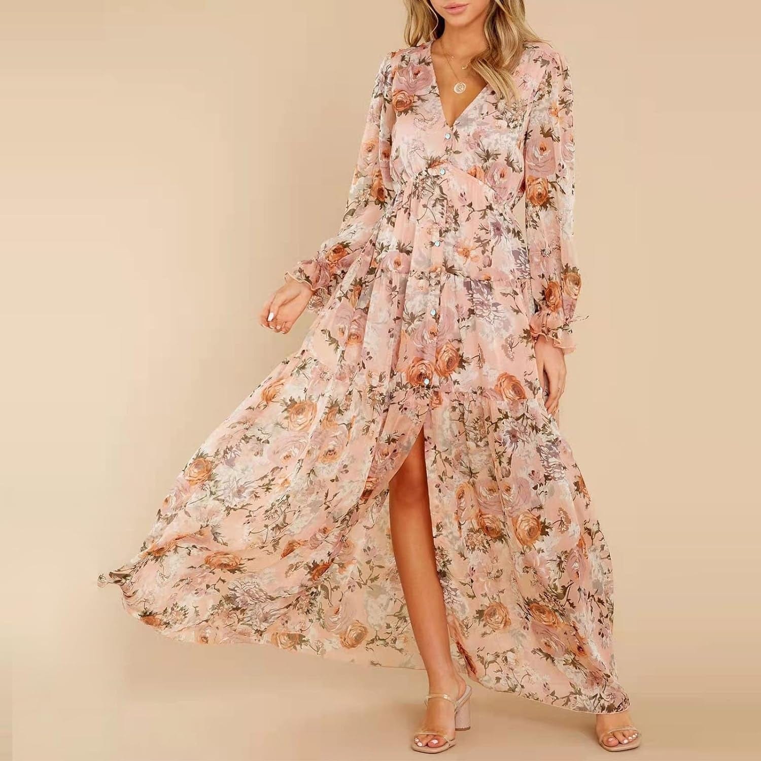 Fumilery Women'S Long Dress Fall Ruffled Long Sleeve V Neck Slit Floral A-Line Maxi Dress Flowy Beach Club Partywear