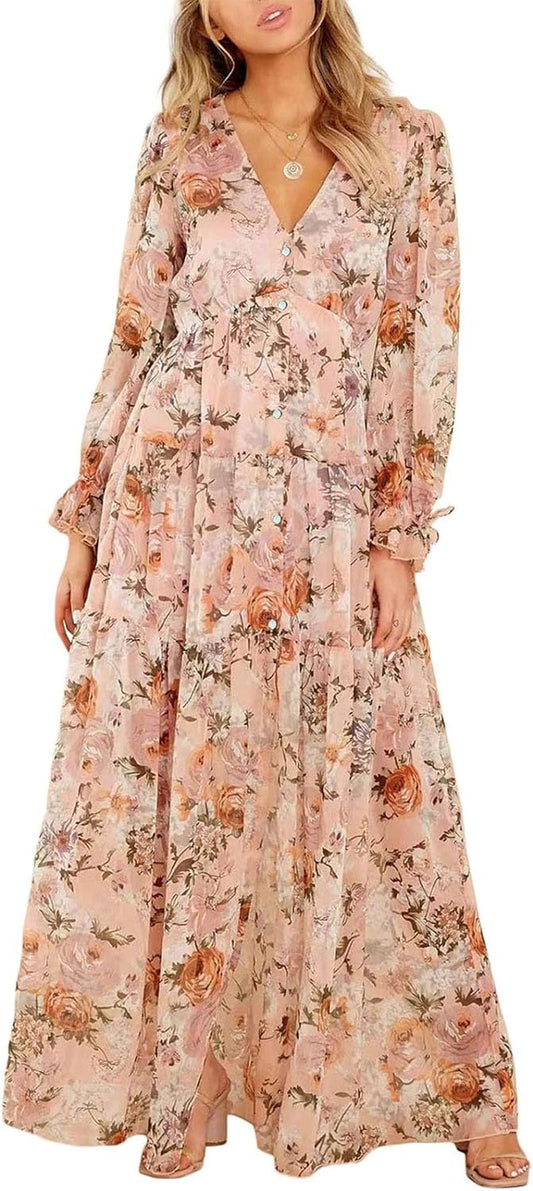 Fumilery Women'S Long Dress Fall Ruffled Long Sleeve V Neck Slit Floral A-Line Maxi Dress Flowy Beach Club Partywear