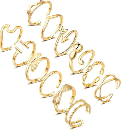 FUNEIA 14K Gold Plated Stacking Rings for Women Gold Silver Adjustable Knuckle Rings for Teen Girls Arrow Knot Wave Stackable Dainty Thumb Open Rings Set 12pcs Gold