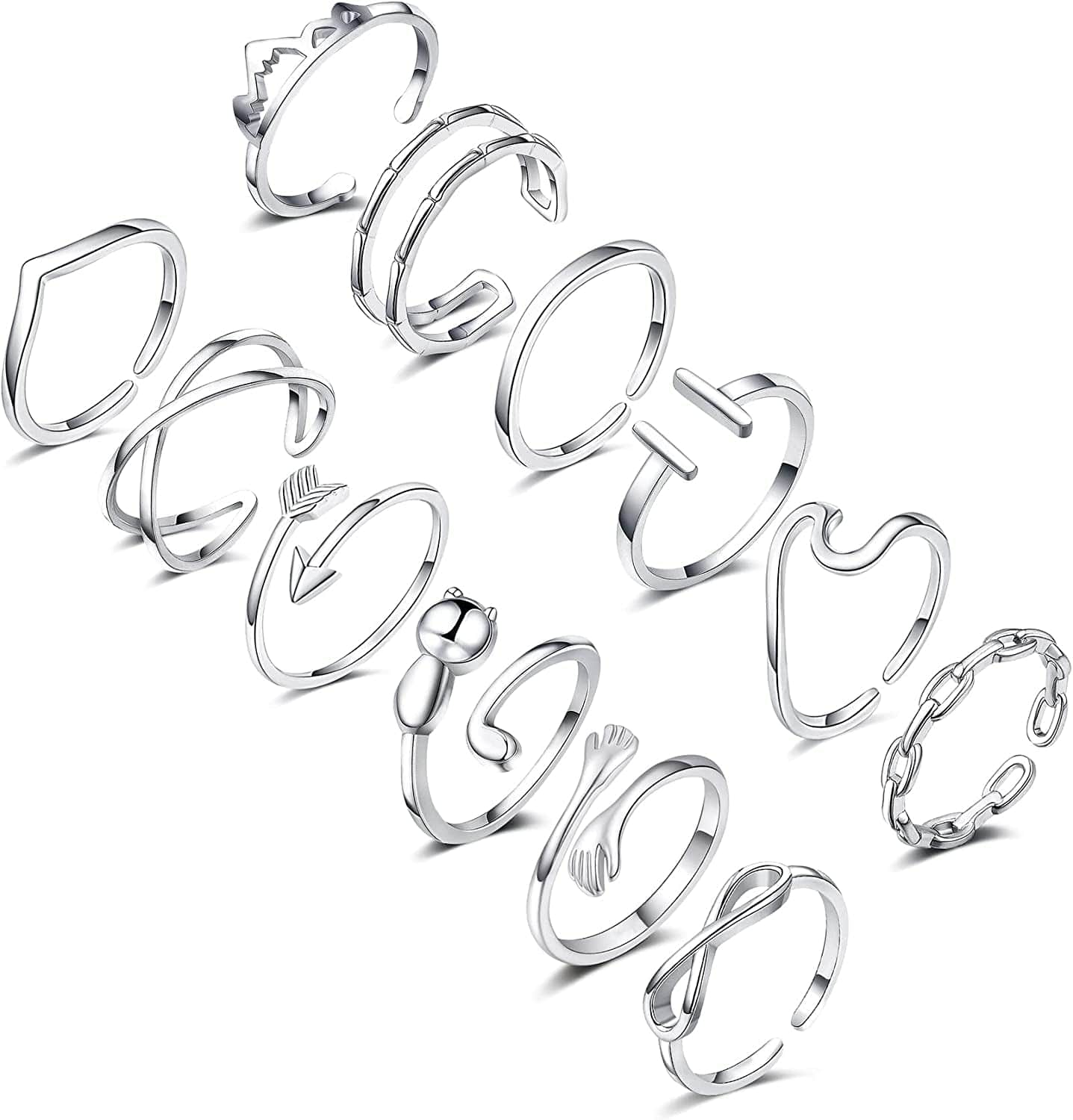 FUNEIA 14K Gold Plated Stacking Rings for Women Gold Silver Adjustable Knuckle Rings for Teen Girls Arrow Knot Wave Stackable Dainty Thumb Open Rings Set 12pcs Silver