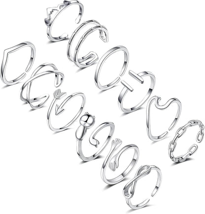 FUNEIA 14K Gold Plated Stacking Rings for Women Gold Silver Adjustable Knuckle Rings for Teen Girls Arrow Knot Wave Stackable Dainty Thumb Open Rings Set 12pcs Silver