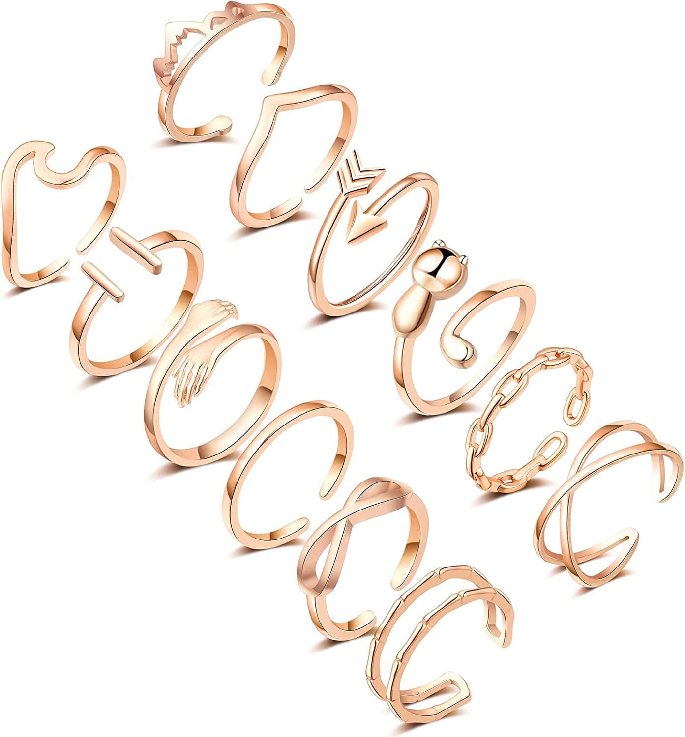 FUNEIA 14K Gold Plated Stacking Rings for Women Gold Silver Adjustable Knuckle Rings for Teen Girls Arrow Knot Wave Stackable Dainty Thumb Open Rings Set 12pcs Rose Gold