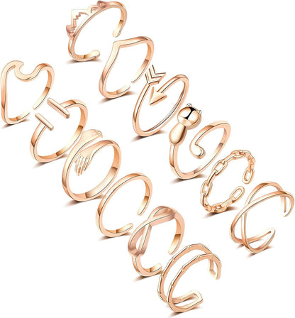 FUNEIA 14K Gold Plated Stacking Rings for Women Gold Silver Adjustable Knuckle Rings for Teen Girls Arrow Knot Wave Stackable Dainty Thumb Open Rings Set 12pcs Rose Gold