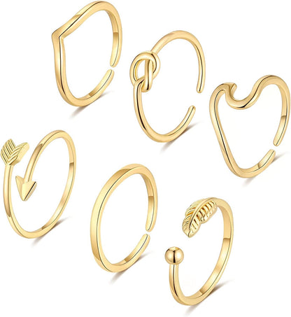 FUNEIA 14K Gold Plated Stacking Rings for Women Gold Silver Adjustable Knuckle Rings for Teen Girls Arrow Knot Wave Stackable Dainty Thumb Open Rings Set 6pcs Gold