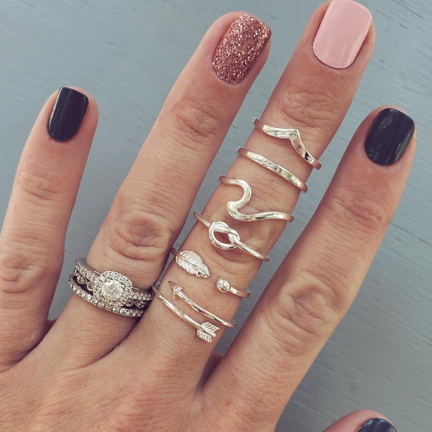 FUNEIA 14K Gold Plated Stacking Rings for Women Gold Silver Adjustable Knuckle Rings for Teen Girls Arrow Knot Wave Stackable Dainty Thumb Open Rings Set