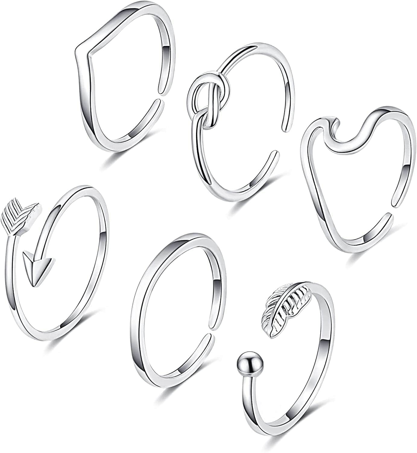 FUNEIA 14K Gold Plated Stacking Rings for Women Gold Silver Adjustable Knuckle Rings for Teen Girls Arrow Knot Wave Stackable Dainty Thumb Open Rings Set 6pcs Silver