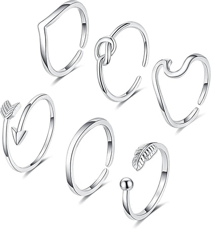 FUNEIA 14K Gold Plated Stacking Rings for Women Gold Silver Adjustable Knuckle Rings for Teen Girls Arrow Knot Wave Stackable Dainty Thumb Open Rings Set 6pcs Silver