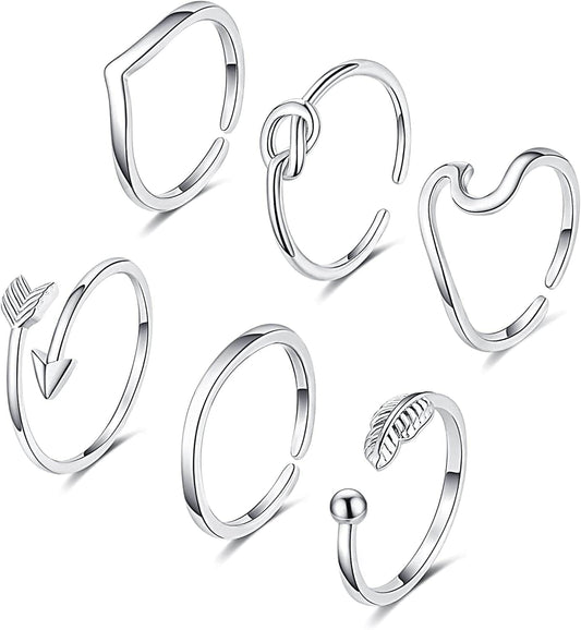 FUNEIA 14K Gold Plated Stacking Rings for Women Gold Silver Adjustable Knuckle Rings for Teen Girls Arrow Knot Wave Stackable Dainty Thumb Open Rings Set 6pcs Silver
