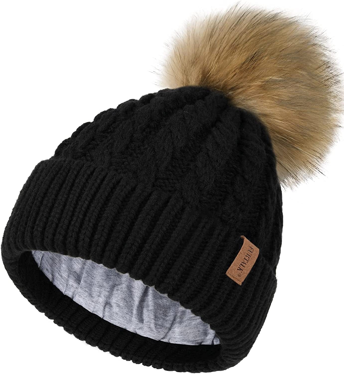 FURTALK Winter Beanie Hat for Women Cotton Lined Faux Fur Pom Pom Hats Womens Warm Thick Knit Skull Cap Apparel & Accessories > Clothing Accessories > Hats KYLIE MAX 02 Black One Size 