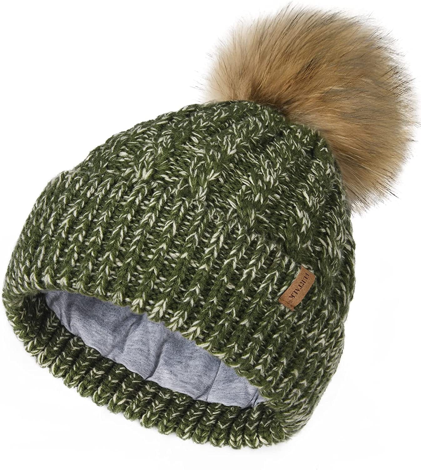 FURTALK Winter Beanie Hat for Women Cotton Lined Faux Fur Pom Pom Hats Womens Warm Thick Knit Skull Cap Apparel & Accessories > Clothing Accessories > Hats KYLIE MAX 30 Mixed Green One Size 