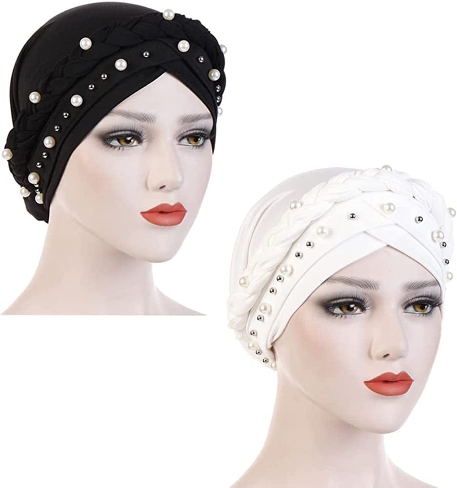 Fxhixiy Women Hijab Beading Pearl Braid Turban Hat Head Scarf Cancer Chemo Beanies Bandana Headwrap Cap Apparel & Accessories > Clothing Accessories > Headwear Fxhixiy   