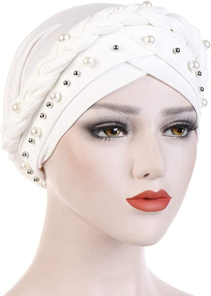 Fxhixiy Women Hijab Beading Pearl Braid Turban Hat Head Scarf Cancer Chemo Beanies Bandana Headwrap Cap Apparel & Accessories > Clothing Accessories > Headwear Fxhixiy   