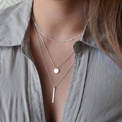 Fxmimior Multilayer Necklace 3 Tier Pendant Long Chain Women Accessories(Silver)