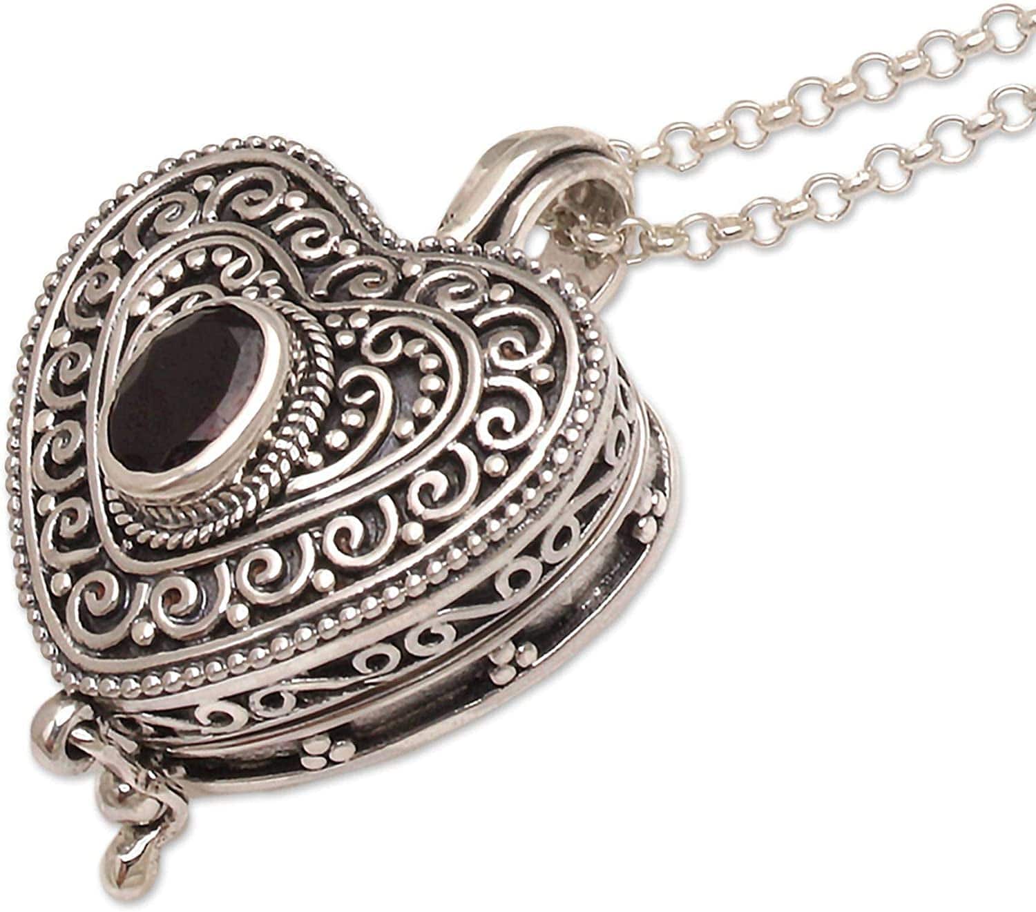Garnet .925 Sterling Silver Filigree Heart Shaped Locket Pendant Necklace, 20", Always in My Heart'