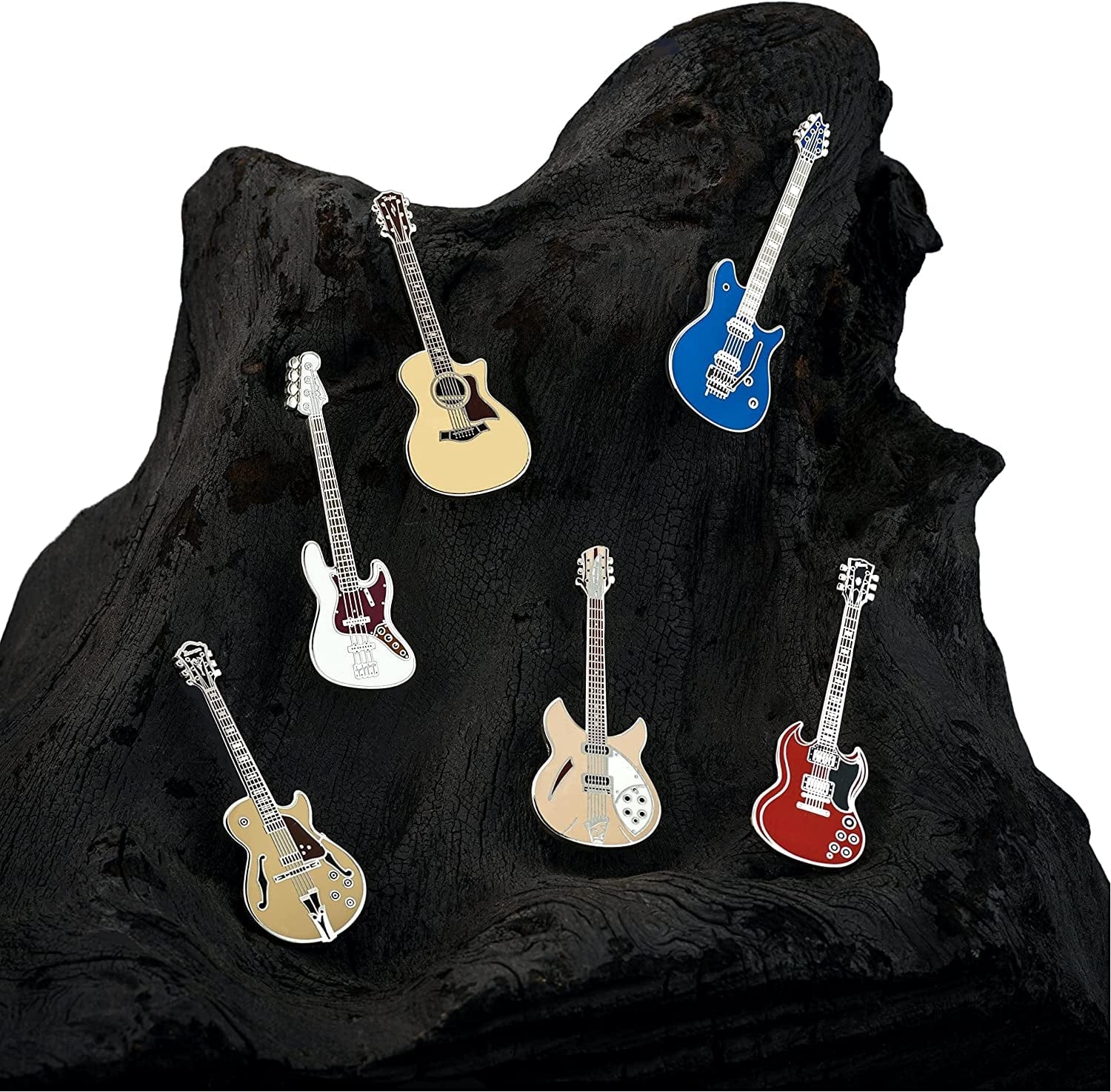 Geepins Enamel Guitar Pin | Stunning Miniature Precision Brooch | 52 Mm Length | Wear on Shirt, Jacket, Lapel, Hat, or Tie | Presented in Beautiful Guitar Case Box | Perfect Gift 6 Pack Guitar Series II