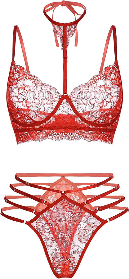 GEESENSS Lingerie Set for Women Lace Babydoll 2 Piece Adjustable Bra and Panty Sets Red / X-Large