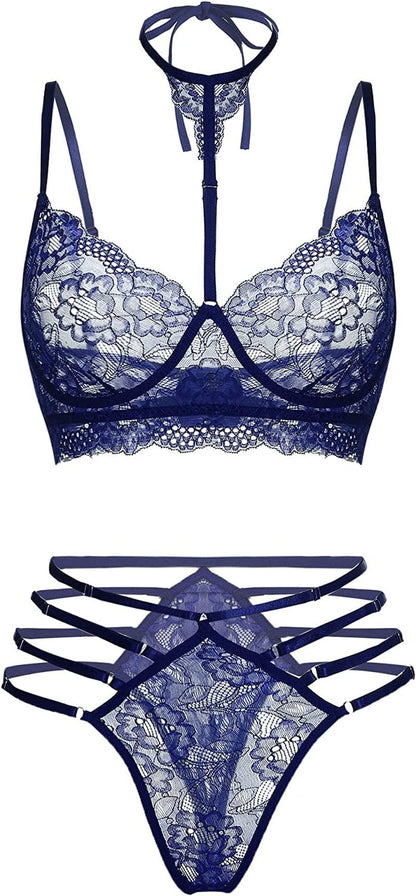 GEESENSS Lingerie Set for Women Lace Babydoll 2 Piece Adjustable Bra and Panty Sets Navy Blue / X-Large