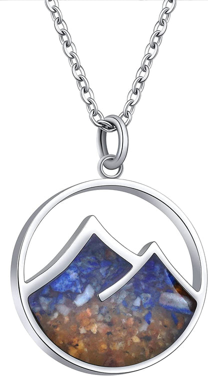 Gemstone Mountain Necklace for Women Turquoise Sodalite Tumbled Chips Pendant Necklace Dainty Circle Mountain Range Necklaces for Women Girls Nature Jewelry Gift Mountain Style A-Blue Sodalite+Gold Sand