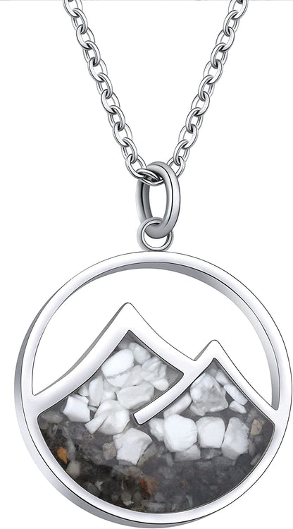 Gemstone Mountain Necklace for Women Turquoise Sodalite Tumbled Chips Pendant Necklace Dainty Circle Mountain Range Necklaces for Women Girls Nature Jewelry Gift Mountain Style A-White Howlite+Grey Sand