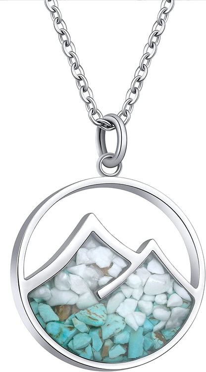 Gemstone Mountain Necklace for Women Turquoise Sodalite Tumbled Chips Pendant Necklace Dainty Circle Mountain Range Necklaces for Women Girls Nature Jewelry Gift Mountain Style A-White Howlite+Turquoise