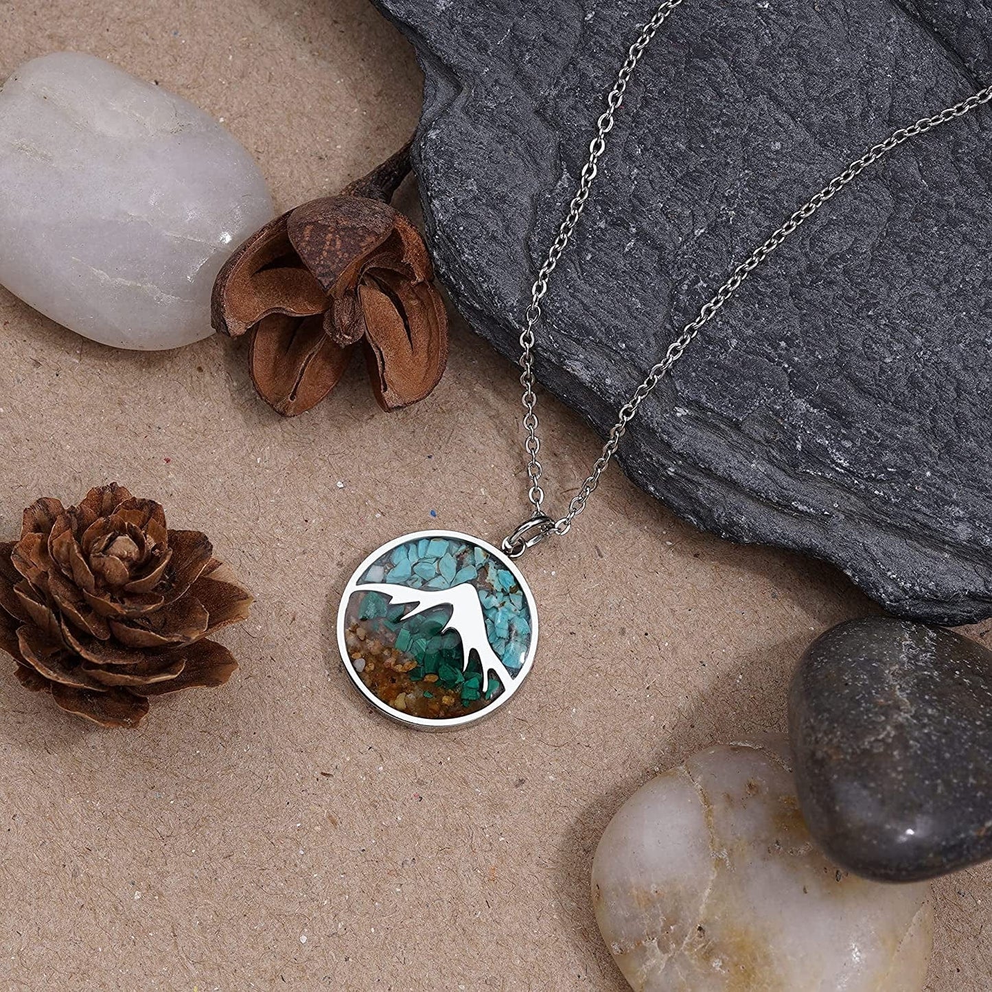 Gemstone Mountain Necklace for Women Turquoise Sodalite Tumbled Chips Pendant Necklace Dainty Circle Mountain Range Necklaces for Women Girls Nature Jewelry Gift